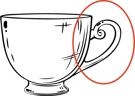 Line drawing of a tea cup with distinctive handle, which is circled.