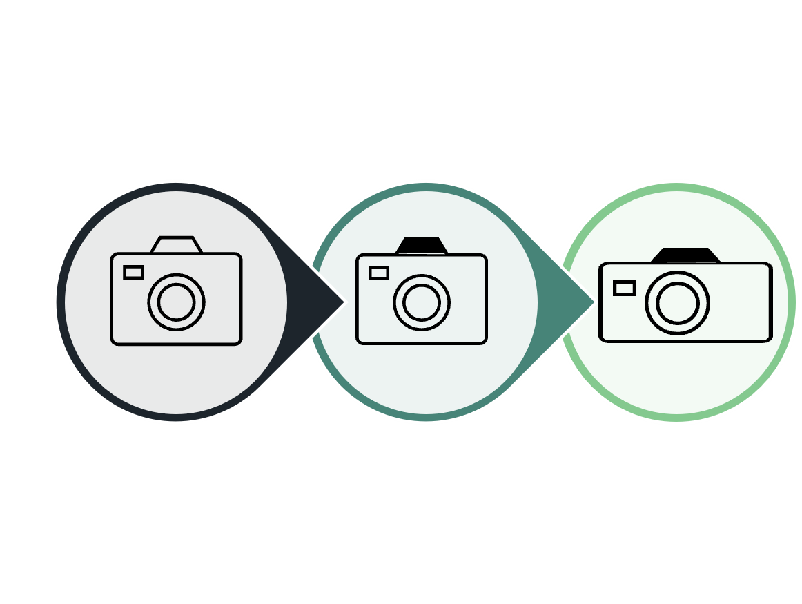 Three line drawings of a camera which has changed design in each image.